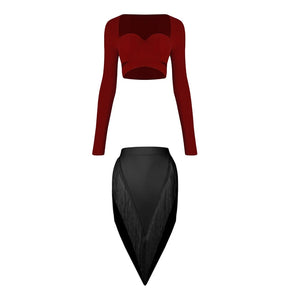 Women's Burgundy & Black Fringe Latin Dance Top and Shorts Set, Long Sleeve Sweetheart Crop Top, High Waist Fringe Shorts