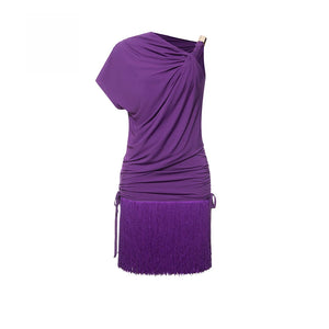 Women's Blue One-Shoulder Ruched Fringe Latin Dance Dress