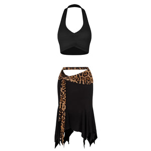Women's Black & Leopard Print Halter Crop Top & Asymmetrical Skirt Latin Dancewear Set, Ruched V-Neck, Tie-Waist