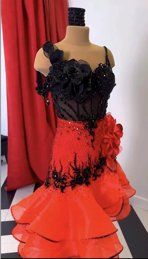 Women's Red and Black Beaded Ruffle Latin Dance Dress with Floral Appliques