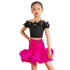 Girls Fuchsia Pink Feathered Latin Dance Skirt Set with Black Off-Shoulder Floral Top