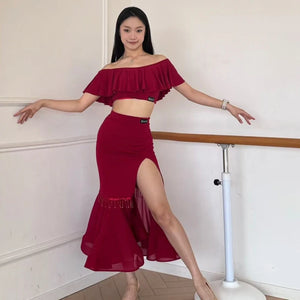 Women's Black and Red Off-Shoulder Ruffle Crop Top and High Slit Ruffled Hem Latin Dance Skirt Set