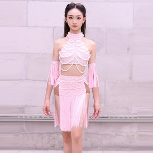 Women's Pink Sequin Pearl Fringe Halter Crop Top and Skirt Latin Dance Costume