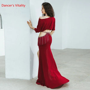 Belly Dance Costume Women Black Off Shoulder Crop Top with High Slit Skirt and Rhinestone Hip Scarf, Professional Performance Set