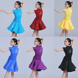 Kids Girls Latin Dance Dress, Short Sleeve Shiny Pleated Skirt Ballroom Salsa Rumba Dancewear