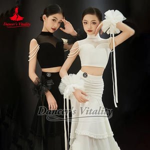 Girls Black & White Velvet Mesh Pearl Ballroom Dance Dress