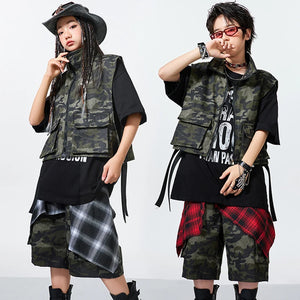 Kids Camouflage Hip Hop Dance Vest & Shorts Set, Black/Green/Red/White Cotton Blend, Street Dance
