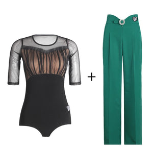Women's Black & Green High Waist Pleated Wide Leg Ballroom Dance Pants