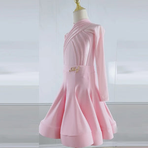 Women's Pink Satin Ballroom Dance Dress with Mesh Sleeves and Ruched Bodice