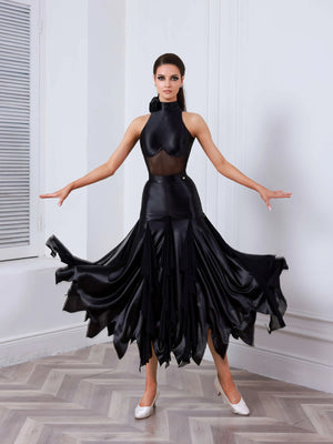 Women's Black Mesh & Satin Halterneck Latin Rhythm Ballroom Dance Dress with Ruffled Skirt