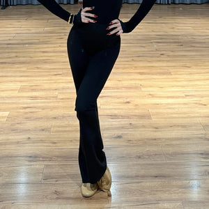 Women's Black Long Sleeve Mock Neck Thumbhole Leotard and Leggings Set, Latin Dance