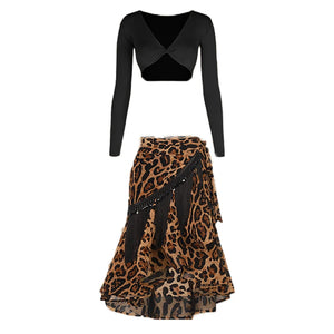 Women's Black Long Sleeve Knot Front Crop Top and Leopard Print Ruffle Skirt Latin Dancewear Set