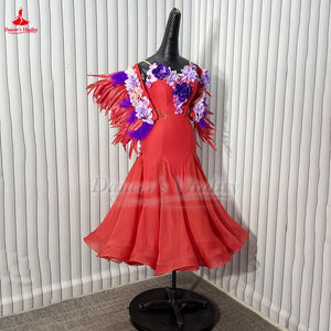 Ballroom Dance Dress Women's Red Floral Feather Embellished Standard Smooth Latin Rhythm Dance Gown