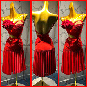 Women's Red Rhinestone Ruffled Latin Dance Dress with Floral Appliqués