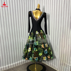 Women's Black Multi-Color Floral Ballroom Dance Dress with Long Sleeves and V-Neck Rhinestone Detail