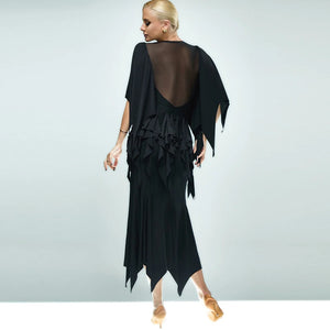 Women's Black V-Neck Long Sleeve Ruffle Latin Dance Dress