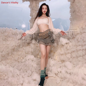 Women's Green Floral Chiffon Mesh Long Sleeve Belly Dance Set