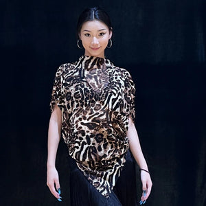 Women's Brown Leopard Print Off-Shoulder Batwing Sleeve Latin Dance Top