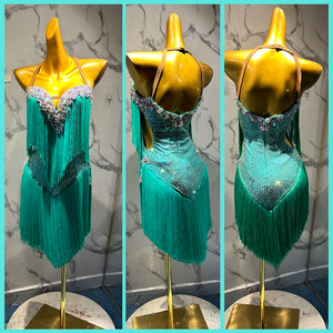 Women's Teal Fringe Halter Rhinestone Latin Rhythm Dance Dress