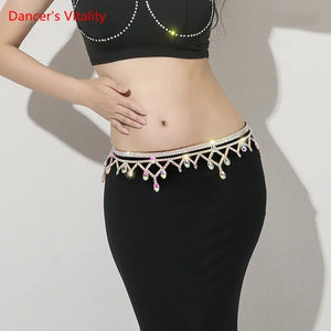 Belly Dance Belt Women's Black Sequin & Rhinestone Floral Hip Scarf with Side Slit Skirt