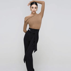 Women's Off-Shoulder Long Sleeve Dance Top, White, Black, or Tan, with High-Waisted Wide Leg Trousers, Brown, Grey, or Black, for Latin Ballroom Dance