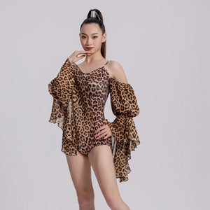 Dance Leotard Women's Leopard Print Off-Shoulder Ruffled Long Sleeve Spandex Latin Dance Bodysuit