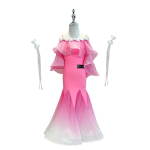 Ballroom Dance Dress Girls Red Ombre Black Ruffle Rose Off-Shoulder Long Sleeve; Ballroom Dance Dress Girls Pink Ombre White Ruffle Bow Off-Shoulder