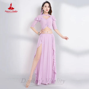 Women's Fuchsia Sparkle Mesh Ruffle Belly Dance Costume Set with High Slit Skirt