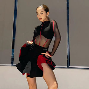 Women's Black & Red Mesh Cutout Latin Dance Dress with Open Back