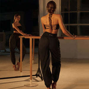 Women's Black Shiny High-Waist Loose Fit Jogger Dance Pants for Hip Hop