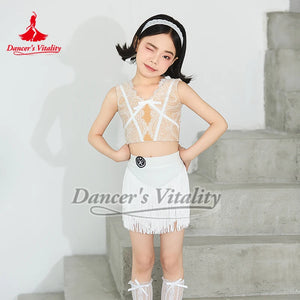 Kids Girls Black Lace Crop Top Fringe Skirt Latin Dance Costume
