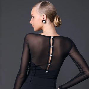Women's Black Mesh Long Sleeve Bodysuit with Floral Ruffles & Back Buttons, Ballroom Dance