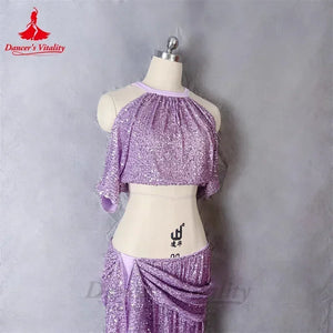 Belly Dance Costume, Women's, Lavender Sequin Halter Crop Top and Draped Slit Maxi Skirt, Performance Wear
