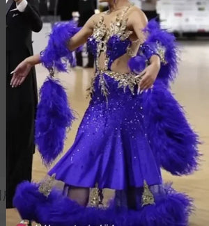 Women's Royal Blue Feathered and Bejeweled Ballroom Dance Dress