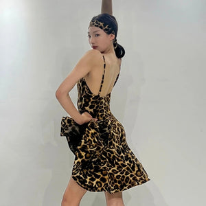 Women's Leopard Print Ruffle Hem Latin Dance Dress with Headband