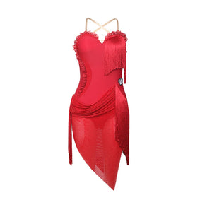 Latin Dance Dress Women's Red Fringe Asymmetrical Hem Spaghetti Strap Performance Dress
