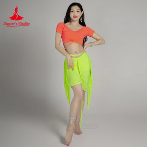 Belly Dance Costume Women's Neon Green Short Sleeve Crop Top with Criss-Cross Straps and Ruched Fringe Skirt