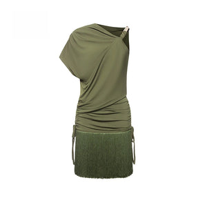 Women's Blue One-Shoulder Ruched Fringe Latin Dance Dress