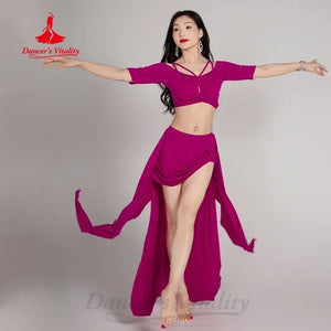 Women's Magenta V-Neck Crop Top and High-Low Skirt Set with Ruched Details for Belly Dance