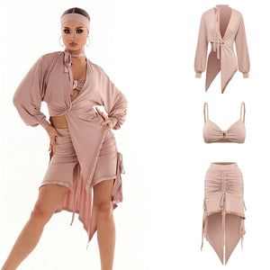 Women's Pink Ruched Asymmetrical Latin Dance Dress with Long Sleeves and Bralette Top