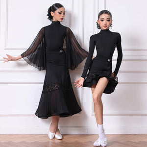 Women's Black Ballroom Dance Dress with Pleated Chiffon Sleeves and Lace Hem