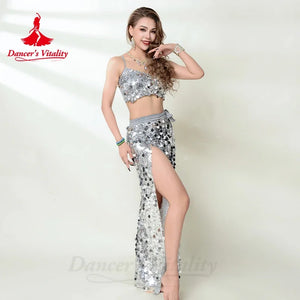 Belly Dance Costume Women Silver Sequin Crop Top and High Slit Skirt Set for Performance
