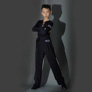 Boys Ballroom Dance Shirt with Lace-Up Neckline and High-Waisted Trousers, White, Lavender, Black Long Sleeve Latin Dance Top and Pants Set