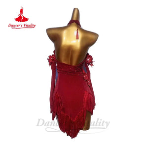 Women's Red Sequin Fringe Halter Latin Dance Dress with Floral Embellishments