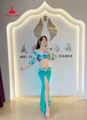 Women's Pink Floral Crop Top & Slit Skirt Belly Dance Costume