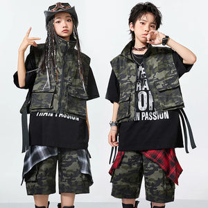 Kids Camouflage Hip Hop Dance Vest & Shorts Set, Black/Green/Red/White Cotton Blend, Street Dance