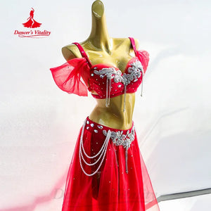 Belly Dance Costume Women Red Chiffon Sequined Pearl Beaded Off-Shoulder Bra & Skirt Set