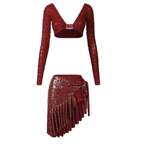 Women's Black Glitter Long Sleeve Crop Top and Leopard Print Ruffle Skirt Latin Dancewear, Women's Burgundy Glitter Long Sleeve Crop Top and Leopard Print Ruffle Skirt Latin Dancewear, Women's Gold Glitter Long Sleeve Crop Top and Leopard Print Ruffle Ski