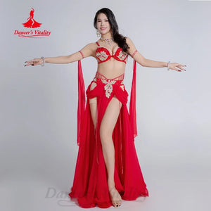 Women's Belly Dance Costume Set With AB Rhinestone Bra Top, Sleeves And Chiffon Long Skirt For Competition