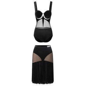Women's Black Velvet Mesh Fringe Latin Dance Dress